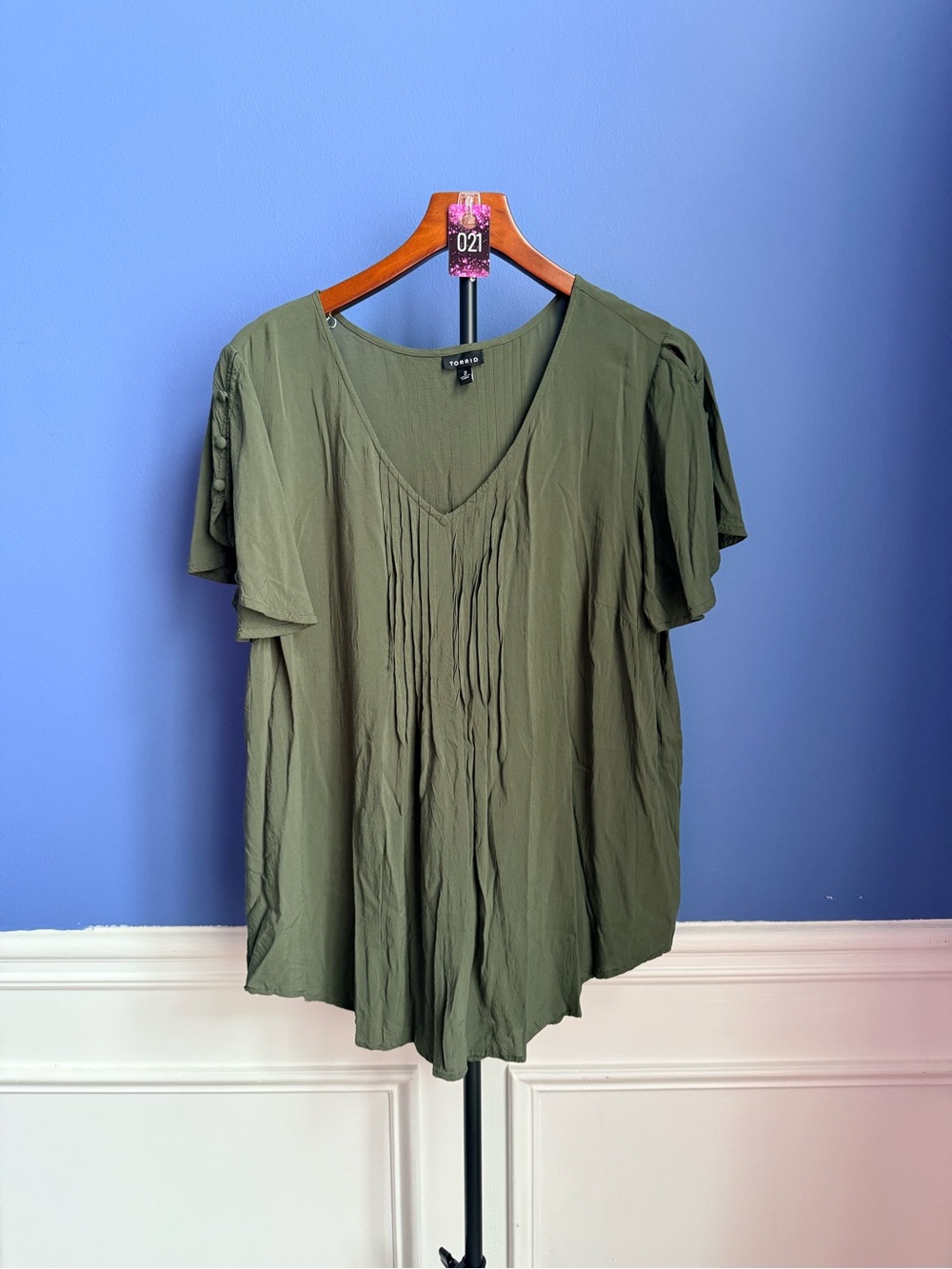 torrid Olive V-Neck Pleated Flutter Sleeve Top